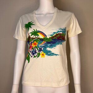 Vintage 1970s Tropical Beach V Neck T-Shirt, Scarab Size Small, Femme Cut Hawaii
